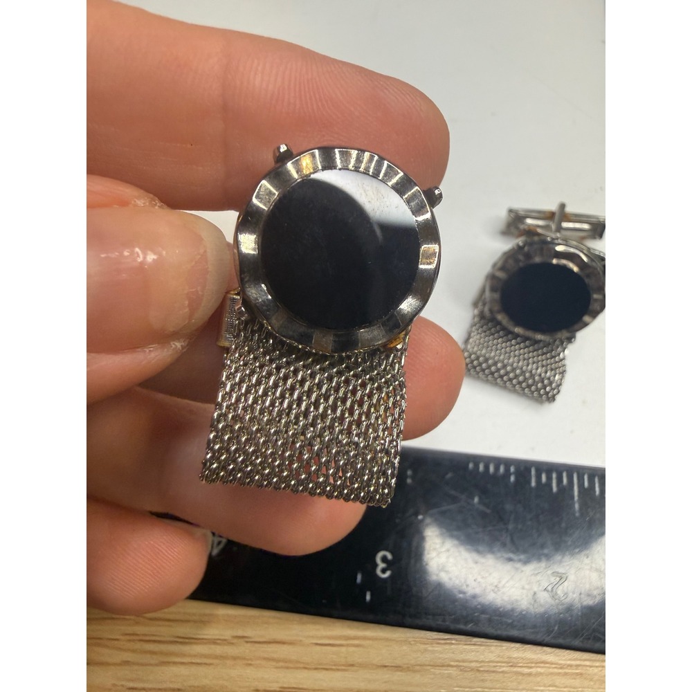 Mens Silver Tone Mesh Wrap Cufflinks Black Onyx Inlay Toggle Back Formal Wear